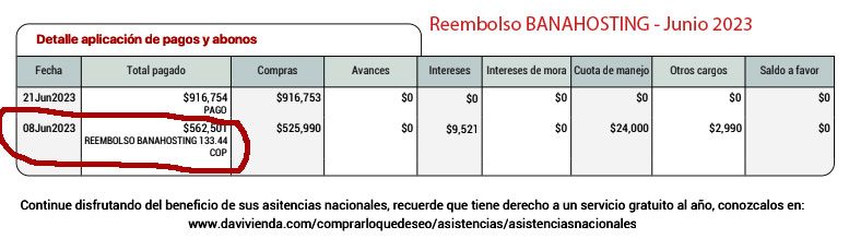 Comprobante dinero devuelto a mi tarjeta crédito DAVIVIENDA